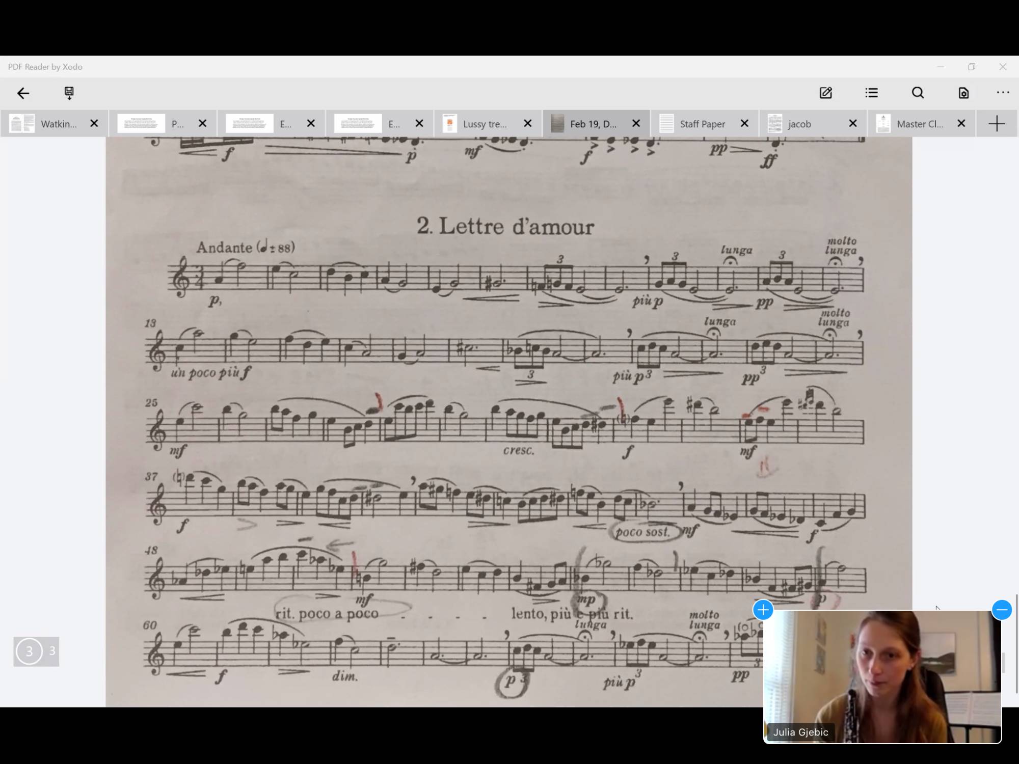 Zoom photo from Julia Gjebic Master Class - score and a photo of Julia in the bottom right corner.